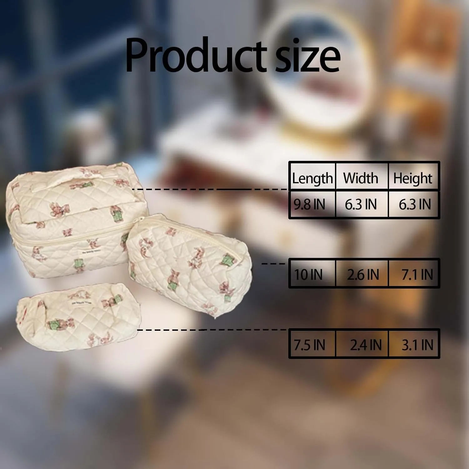 Quilted Makeup Bag Set - 3 PCS Cute Bear Cotton Makeup Bag,For Girls Women Travel Organizer Bathroom Toiletry Pouch Large Capacity Storage Bag（Brown）