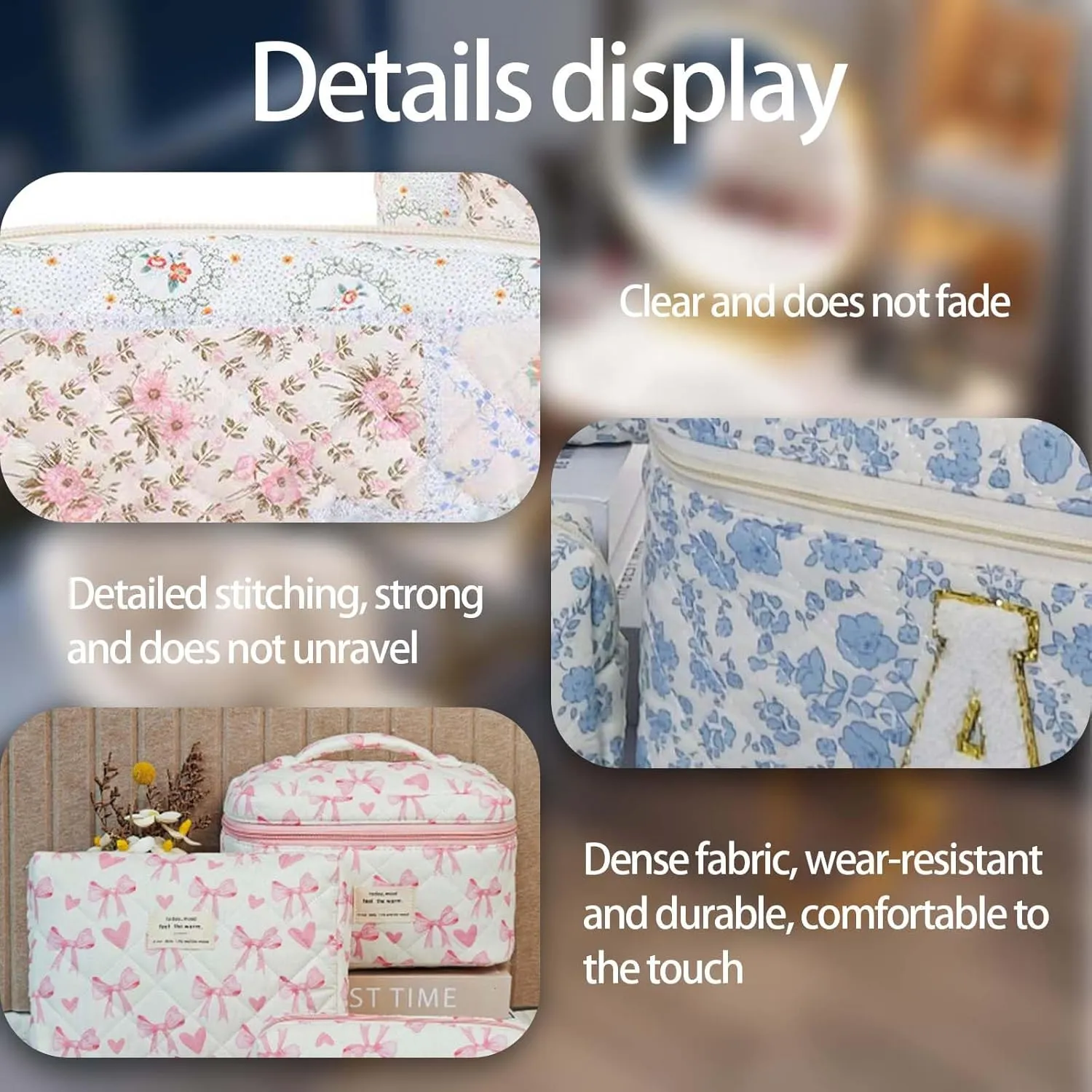Quilted Makeup Bag Set - 3 PCS Cute Bear Cotton Makeup Bag,For Girls Women Travel Organizer Bathroom Toiletry Pouch Large Capacity Storage Bag（Brown）