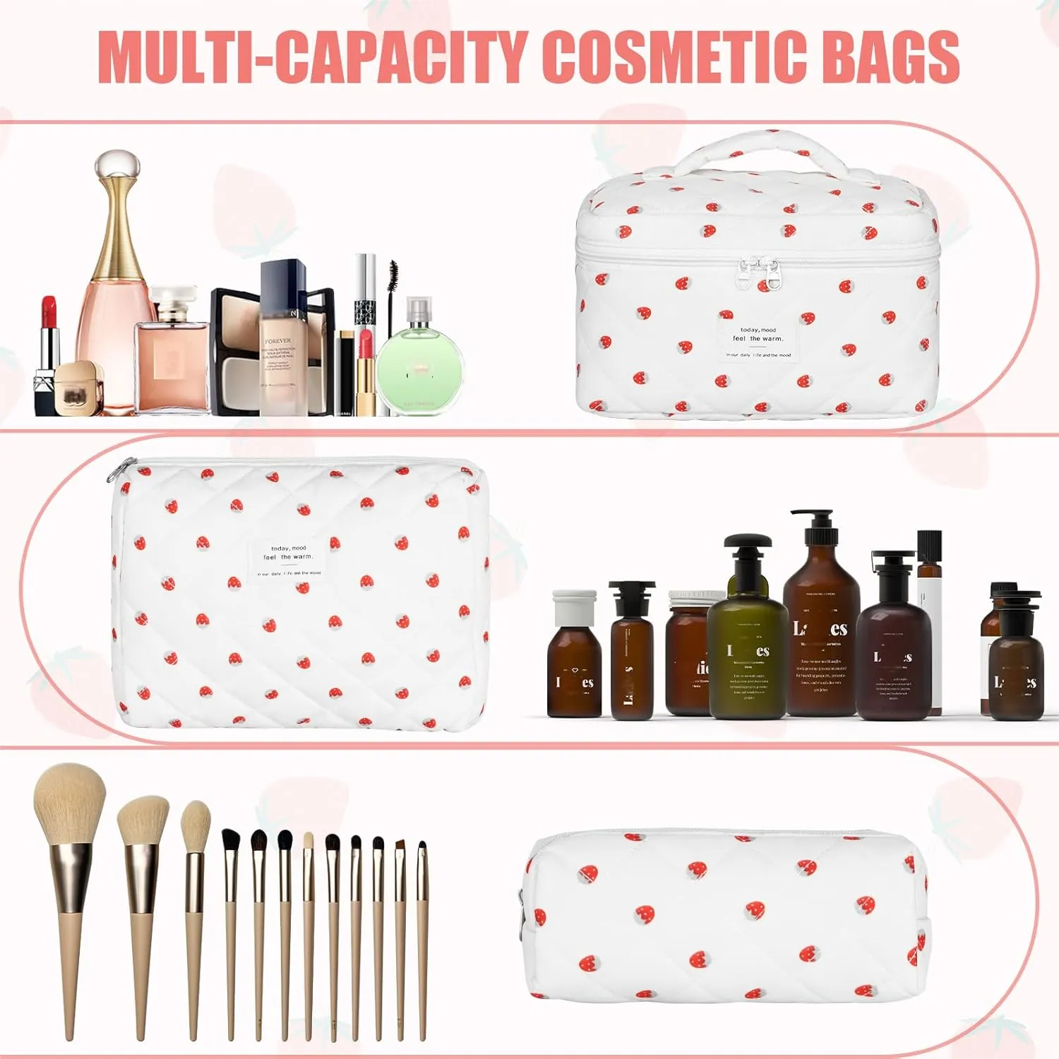 Quilted Makeup Bag Set, 3Pcs Large Checkered Corduroy Cosmetic Bags, Cute Coquette Makeup Bag Toiletry Zipper Pouch Bag for Women and Girls Checkered