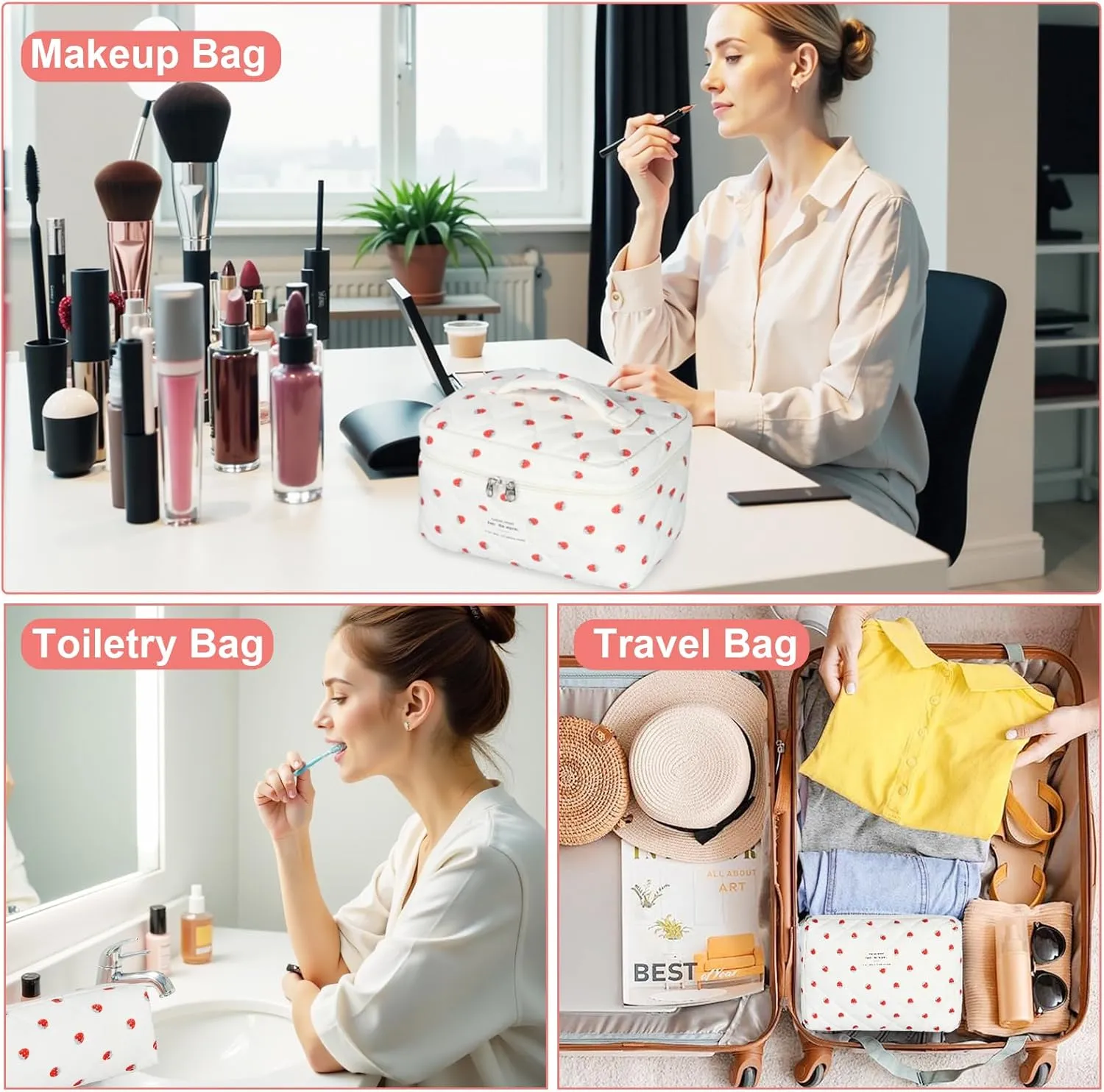 Quilted Makeup Bag Set, 3Pcs Large Checkered Corduroy Cosmetic Bags, Cute Coquette Makeup Bag Toiletry Zipper Pouch Bag for Women and Girls Checkered