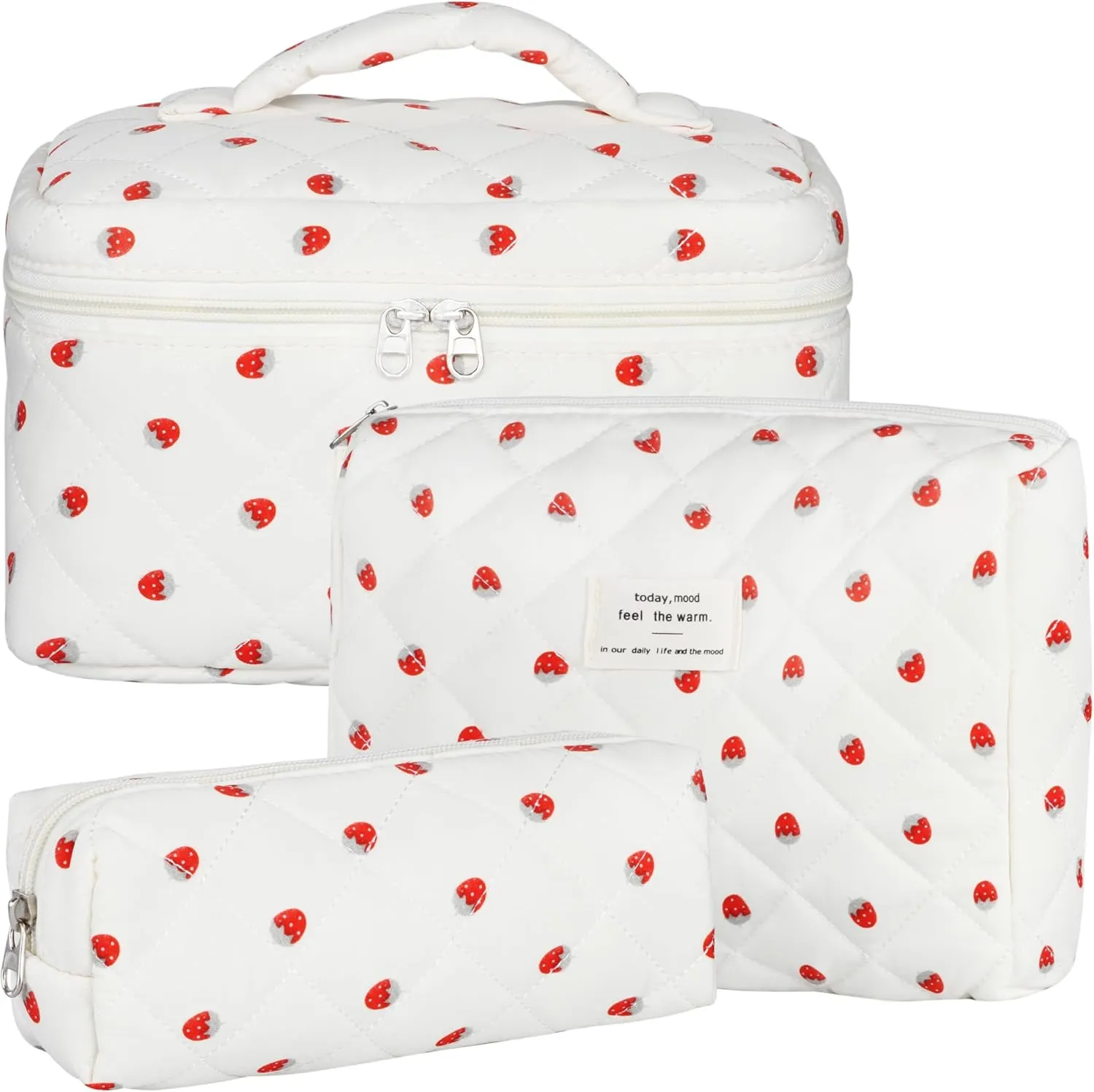 Quilted Makeup Bag Set, 3Pcs Large Checkered Corduroy Cosmetic Bags, Cute Coquette Makeup Bag Toiletry Zipper Pouch Bag for Women and Girls Checkered