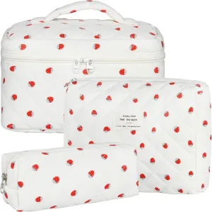 Quilted Makeup Bag Set, 3Pcs Large Checkered Corduroy Cosmetic Bags, Cute Coquette Makeup Bag Toiletry Zipper Pouch Bag for Women and Girls Checkered