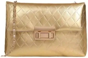 Quilted Metallic Crossbody Handbag with Chain Strap, Gold