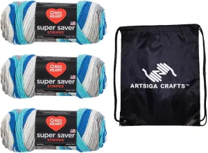 Red Heart Super Saver Yarn Calm Stripe E300-4147, Worsted Weight No 4, 3 Skeins Same Dye Lot, 100% Acrylic Soft Acrylic, Machine Washable, with Knitting Project Bag