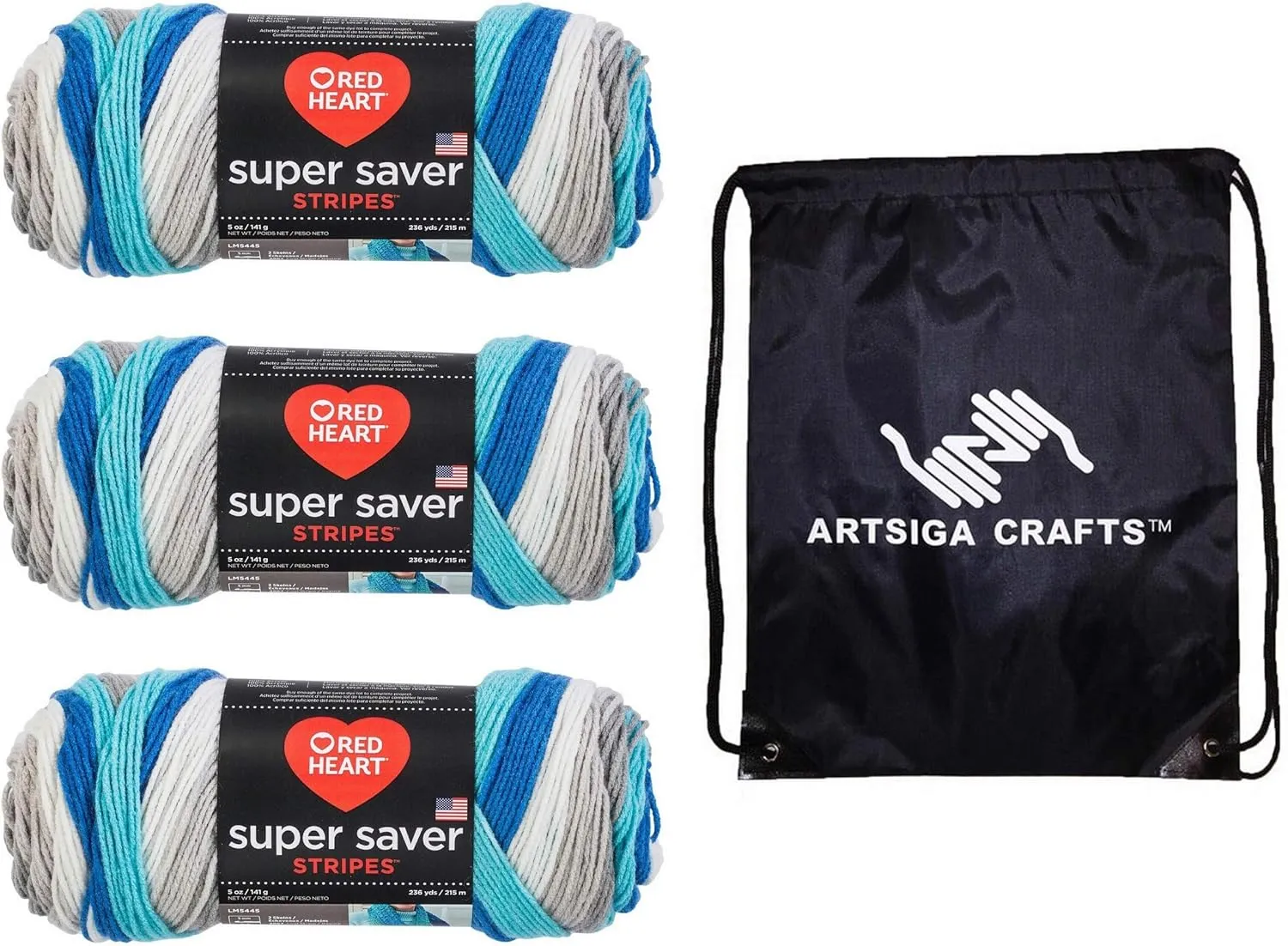 Red Heart Super Saver Yarn Calm Stripe E300-4147, Worsted Weight No 4, 3 Skeins Same Dye Lot, 100% Acrylic Soft Acrylic, Machine Washable, with Knitting Project Bag