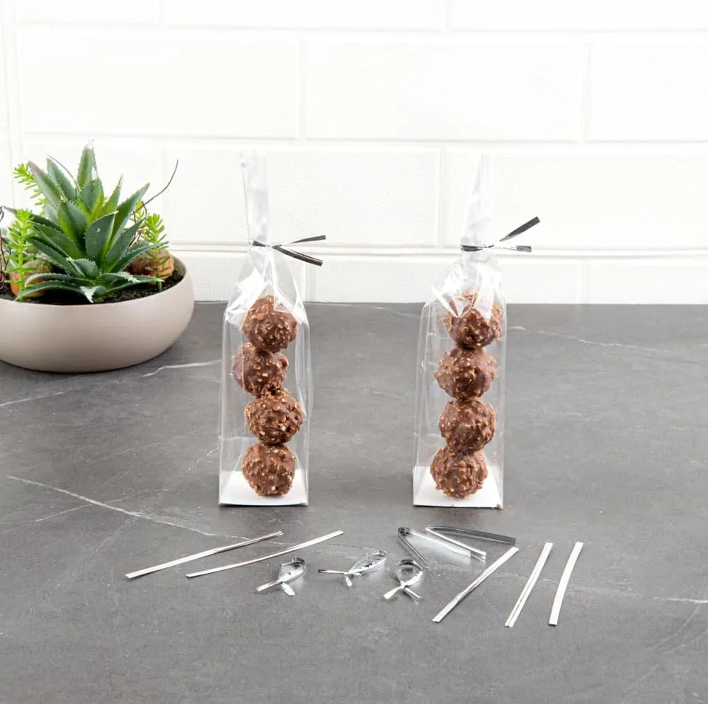 Restaurantware Bag Tek 4 Inch Twist Ties For Treat Bags 500 Durable Coffee Bag Ties - Flexible Metal Wire Inside Silver Plastic Bag Twist Ties Won't Break Or Snap For Bread Bags Or Snack Bags