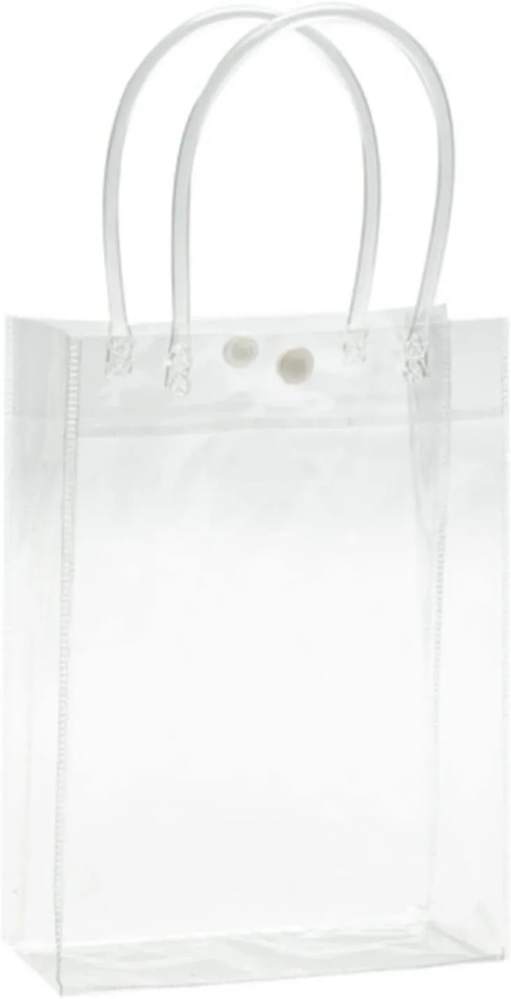 Rikyo 12 pc Clear Gift Bags,Plastic Gift Bags with Handle and Button, Reusable Transparent PVC Gift Wrap Tote Bag for Bridal Party Favor, Baby Shower, Wedding Favor, Shopping Bag Bulk (10x8x3)