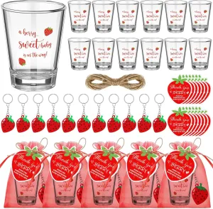 Roshtia 36 Set Strawberry Baby Shower Favors for Guests a Berry Sweet Baby Is on the Way Clear Acrylic Shot Glasses Thank You Tags Keychains Organza Bags Party Supplies for Girl Gender Reveal Favor