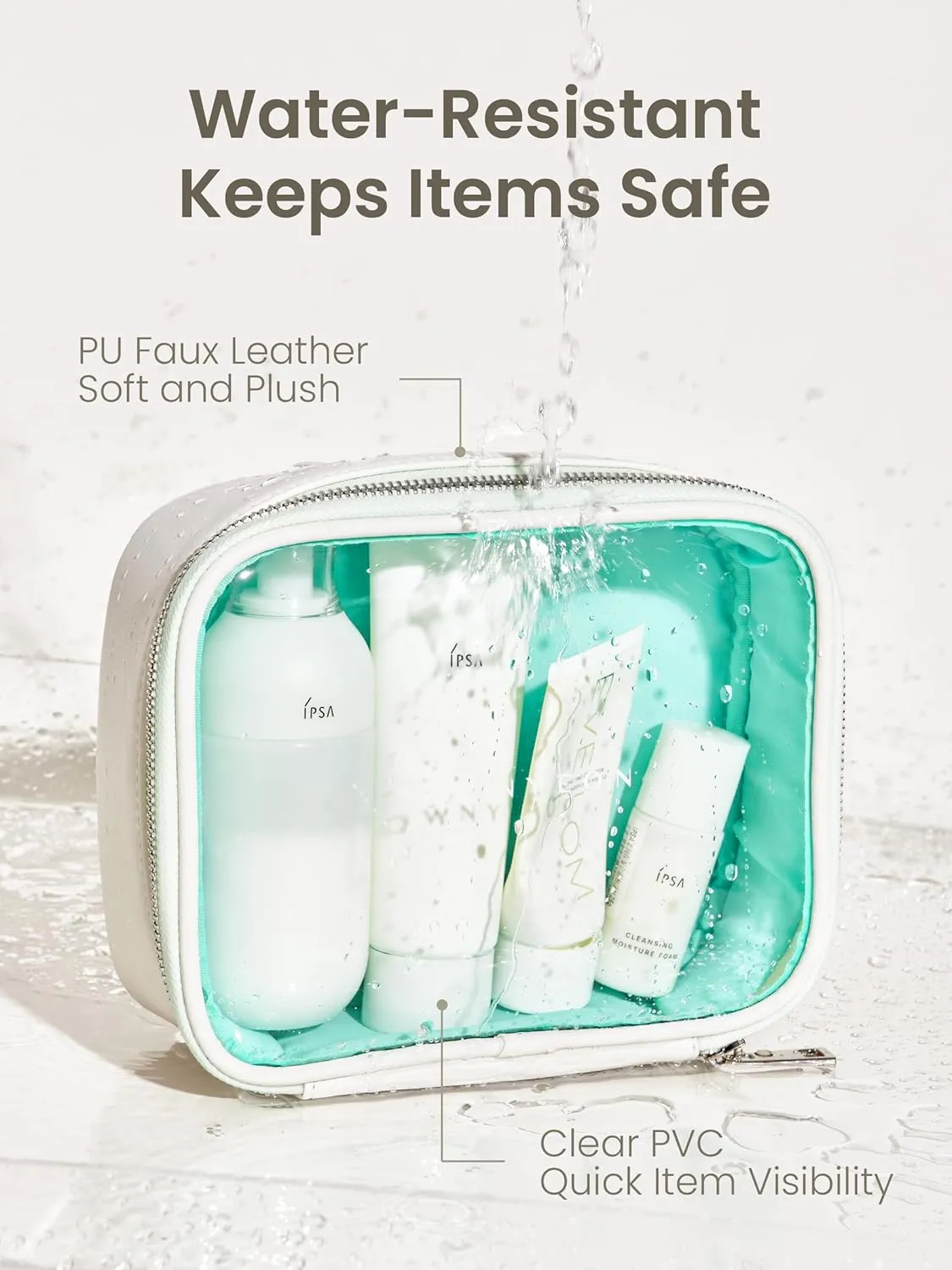 ROWNYEON Clear Makeup Bag,Leather Waterproof Cosmetic Bag,Travel Makeup Bag for Women,Portable Toiletry Bag Train Case with Zipper White (Medium)