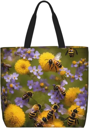 Rural Honey Bees Wildflowers print Tote Bags Casual Handbags 15.7 In Shoulder Bags for Work Travel Gym