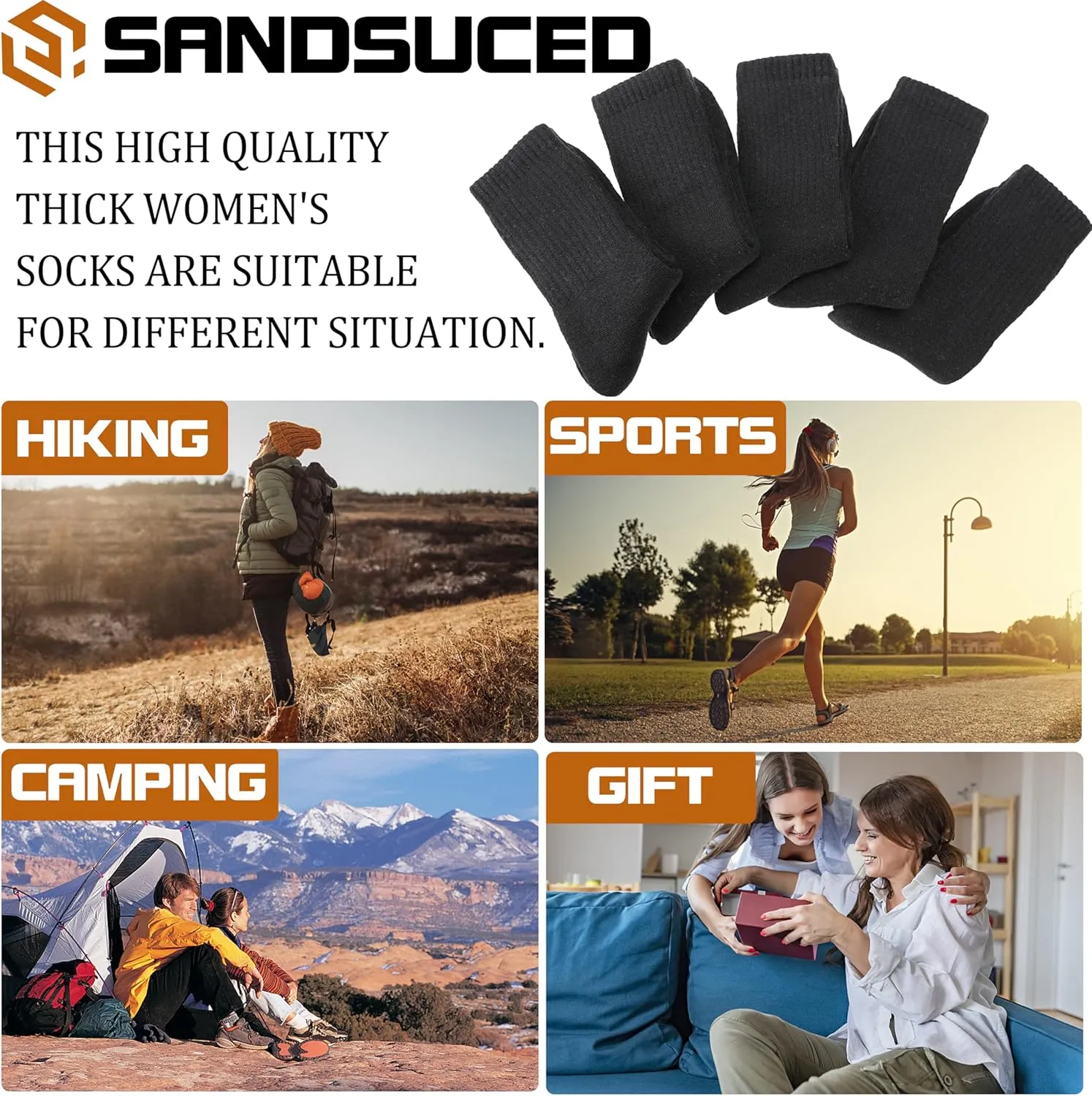 Sandsuced 5 Pack Merino Wool Hiking Socks for Women Warm Winter Thick Thermal Cozy Boot Work Soft Ladies Socks