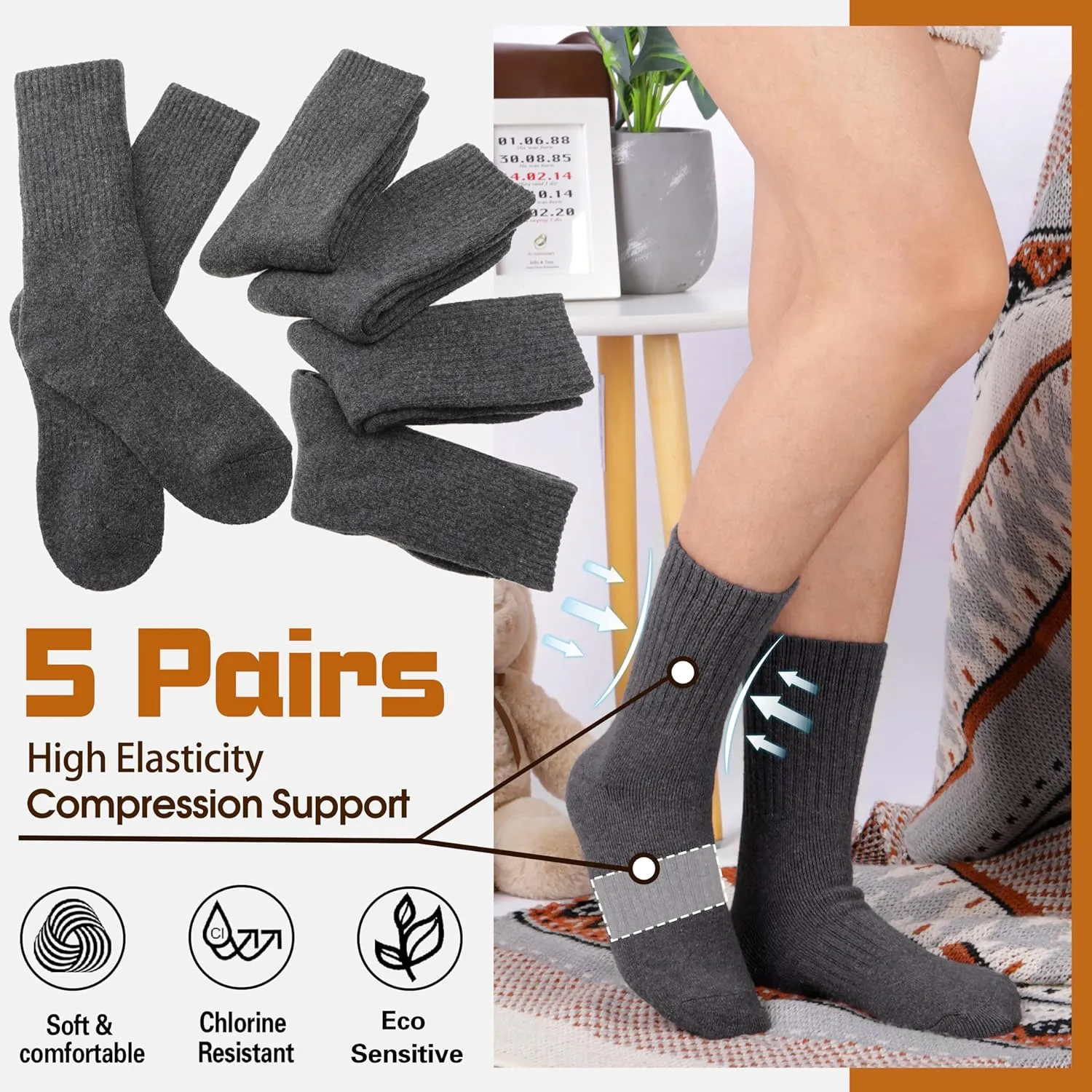 Sandsuced 5 Pack Merino Wool Hiking Socks for Women Warm Winter Thick Thermal Cozy Boot Work Soft Ladies Socks