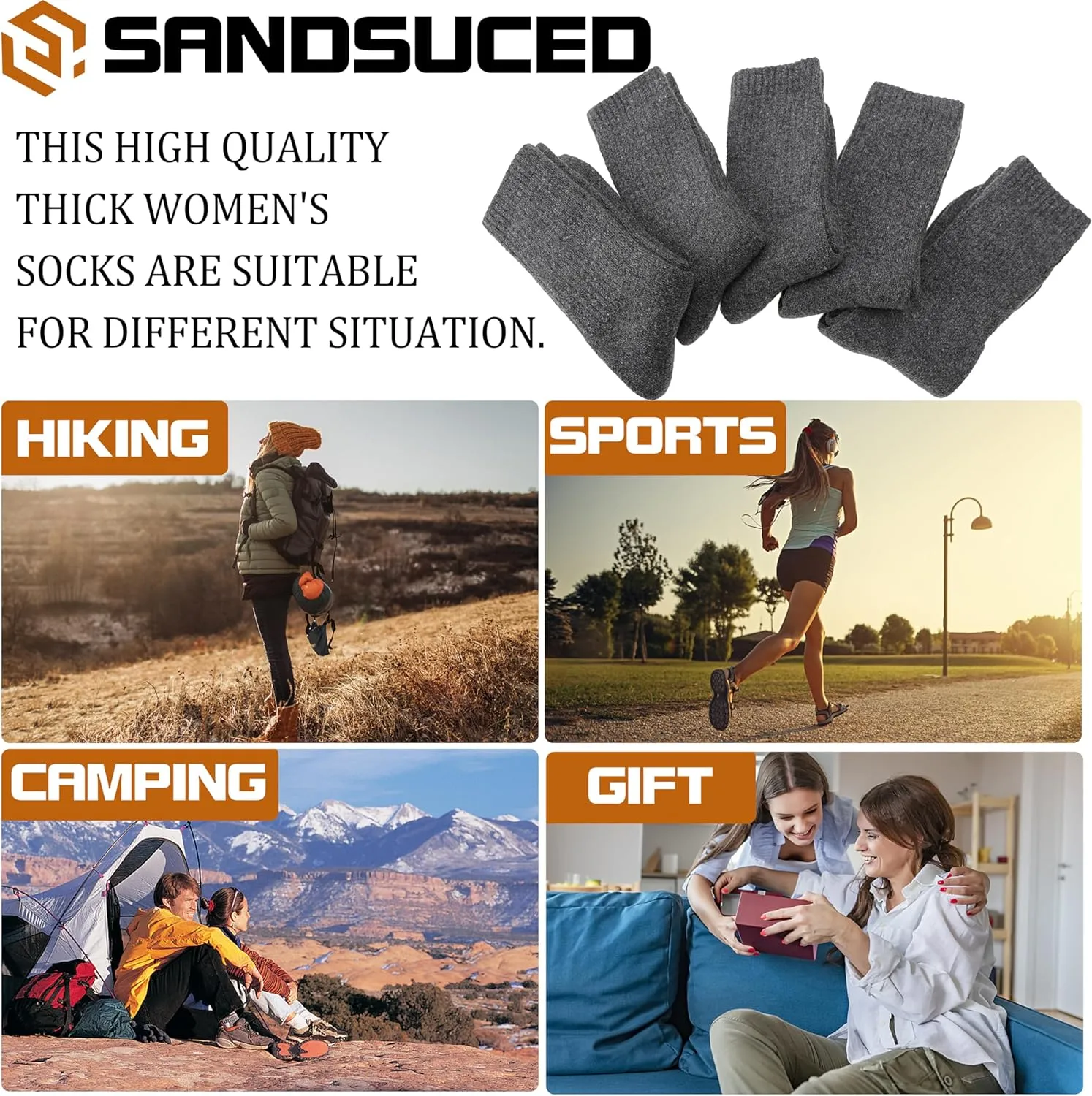 Sandsuced 5 Pack Merino Wool Hiking Socks for Women Warm Winter Thick Thermal Cozy Boot Work Soft Ladies Socks