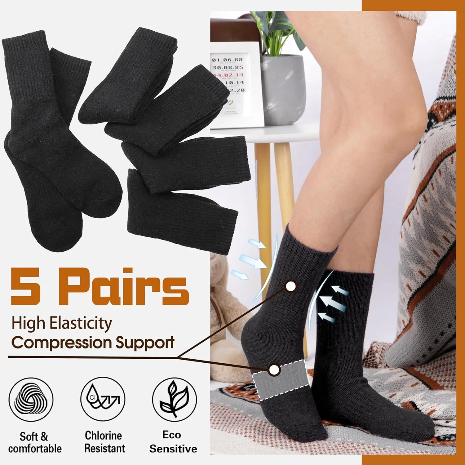 Sandsuced 5 Pack Merino Wool Hiking Socks for Women Warm Winter Thick Thermal Cozy Boot Work Soft Ladies Socks