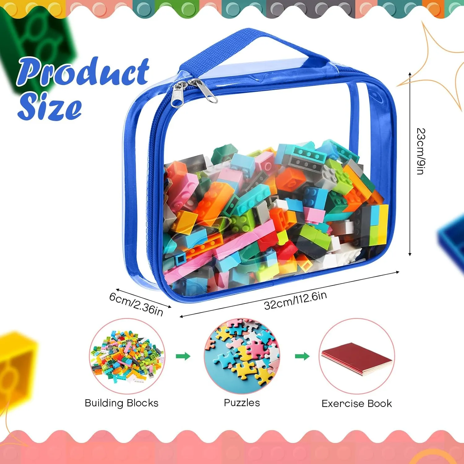 Sanwuta 3 Packs Toy Storage Bags with Zipper, Clear PVC Organizing Waterproof Toy Bags for Board Games, Building Blocks, and Kids Books(12.6 x 9 x 2.36 Inch,Red, Blue, Green)