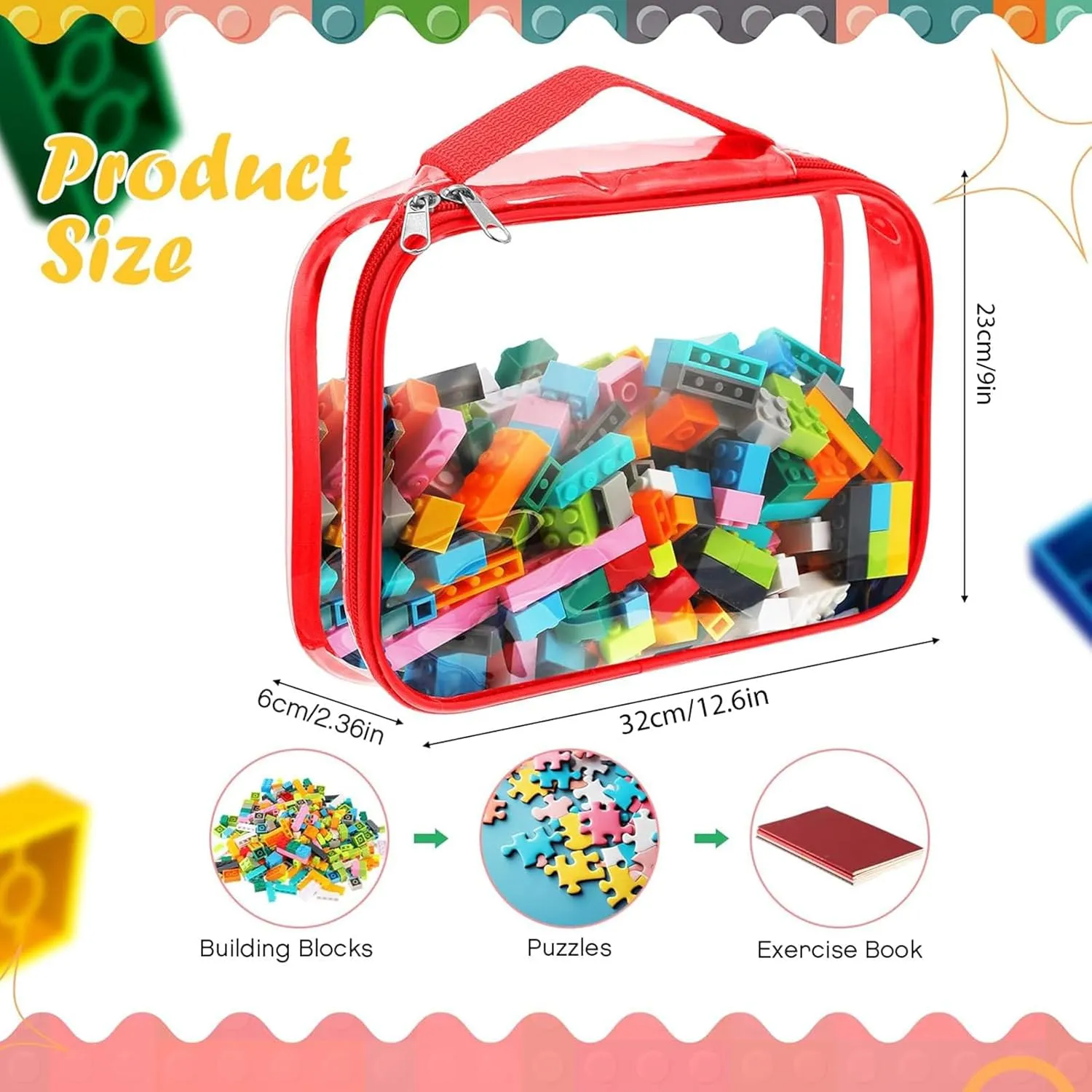 Sanwuta 3 Packs Toy Storage Bags with Zipper, Clear PVC Organizing Waterproof Toy Bags for Board Games, Building Blocks, and Kids Books(12.6 x 9 x 2.36 Inch,Red, Blue, Yellow)