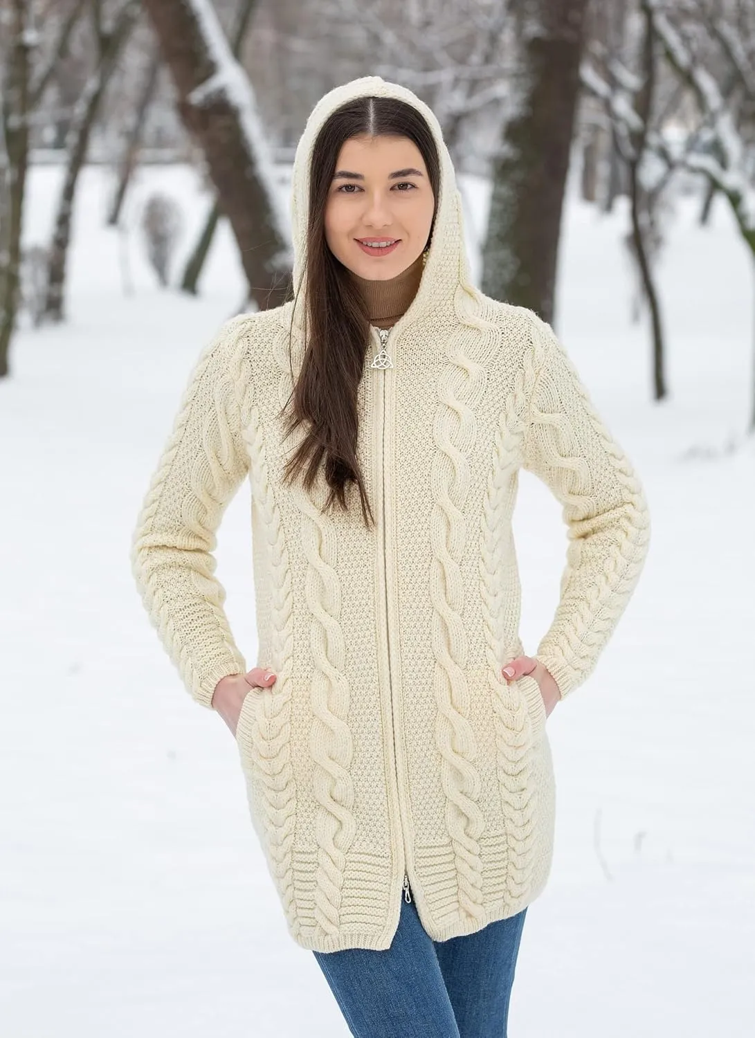 SAOL 100% Merino Wool Aran Cable Knit Hooded Zip Cardigan Irish Coat