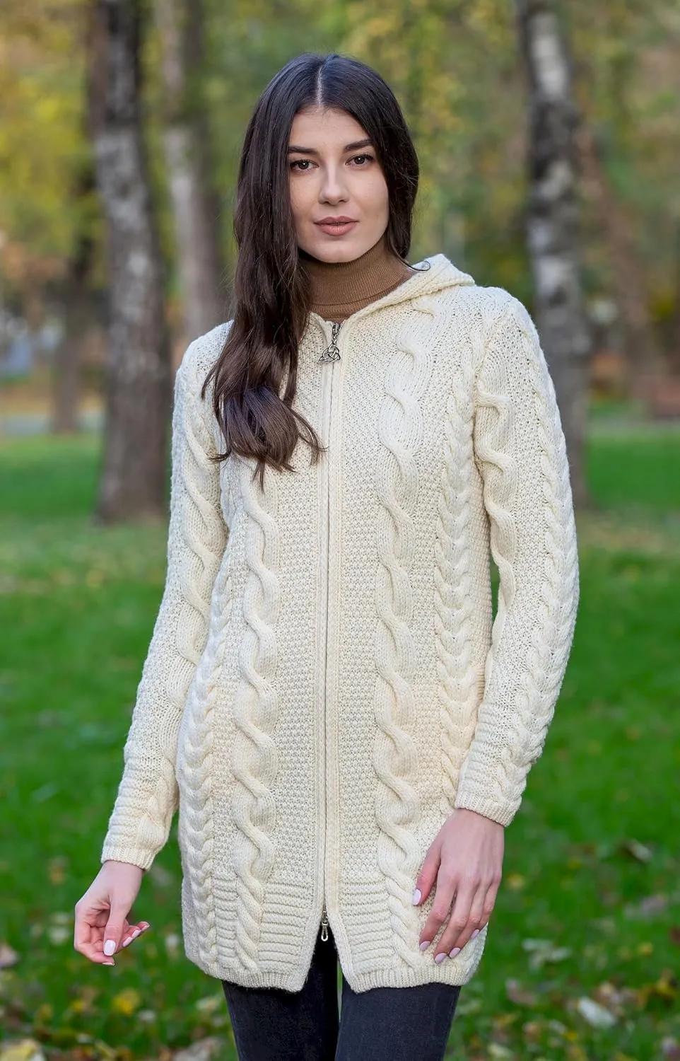 SAOL 100% Merino Wool Aran Cable Knit Hooded Zip Cardigan Irish Coat