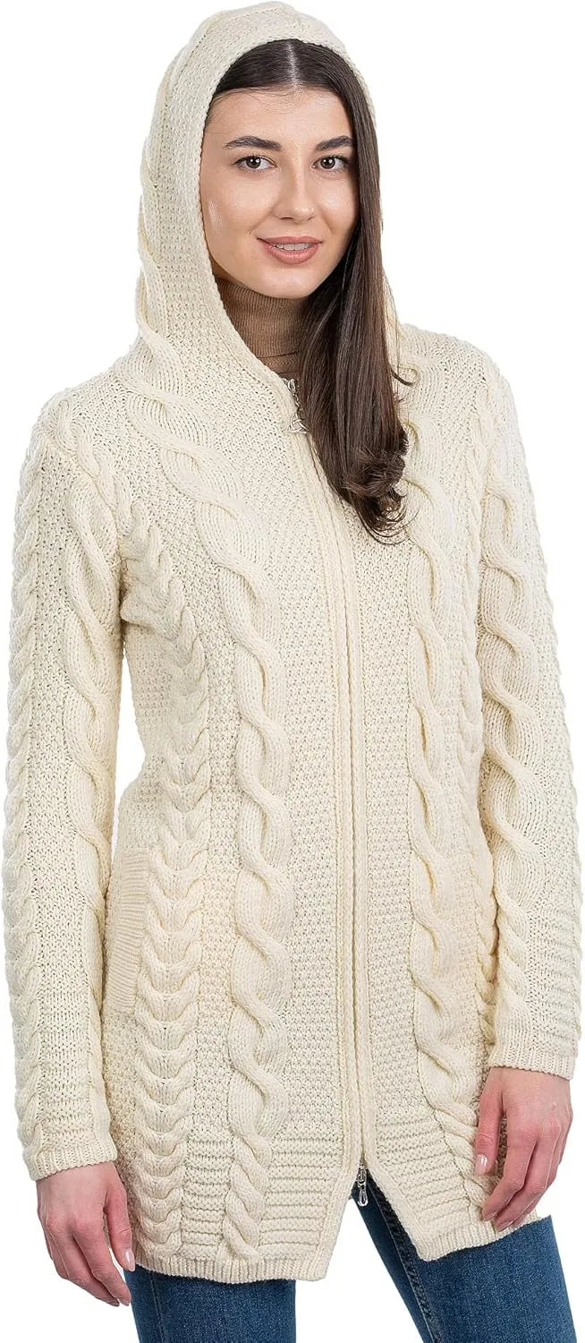 SAOL 100% Merino Wool Aran Cable Knit Hooded Zip Cardigan Irish Coat