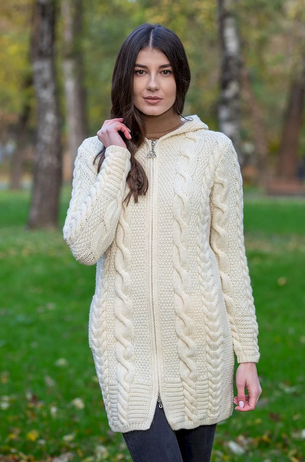 SAOL 100% Merino Wool Aran Cable Knit Hooded Zip Cardigan Irish Coat