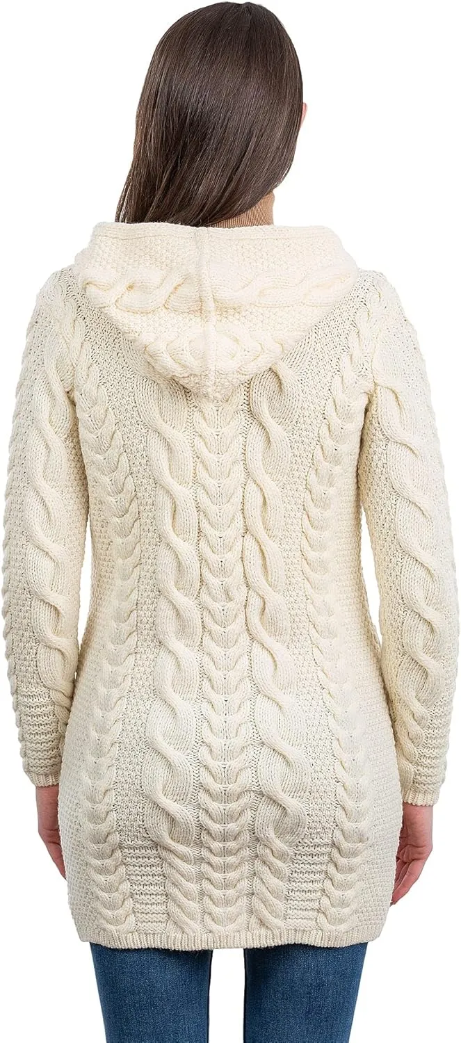 SAOL 100% Merino Wool Aran Cable Knit Hooded Zip Cardigan Irish Coat