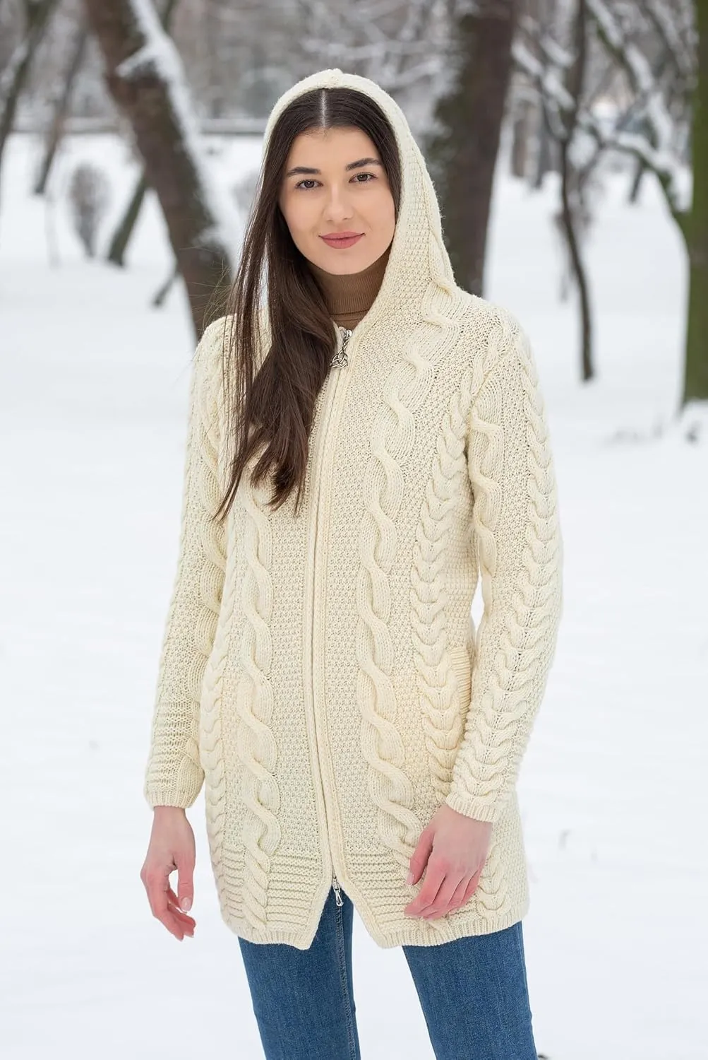 SAOL 100% Merino Wool Aran Cable Knit Hooded Zip Cardigan Irish Coat