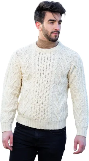 SAOL 100% Merino Wool Men's Irish Traditional Aran Crew Neck Cable Knit Sweater Pullover (US, Alpha, Medium, Regular, Regular, Natural)