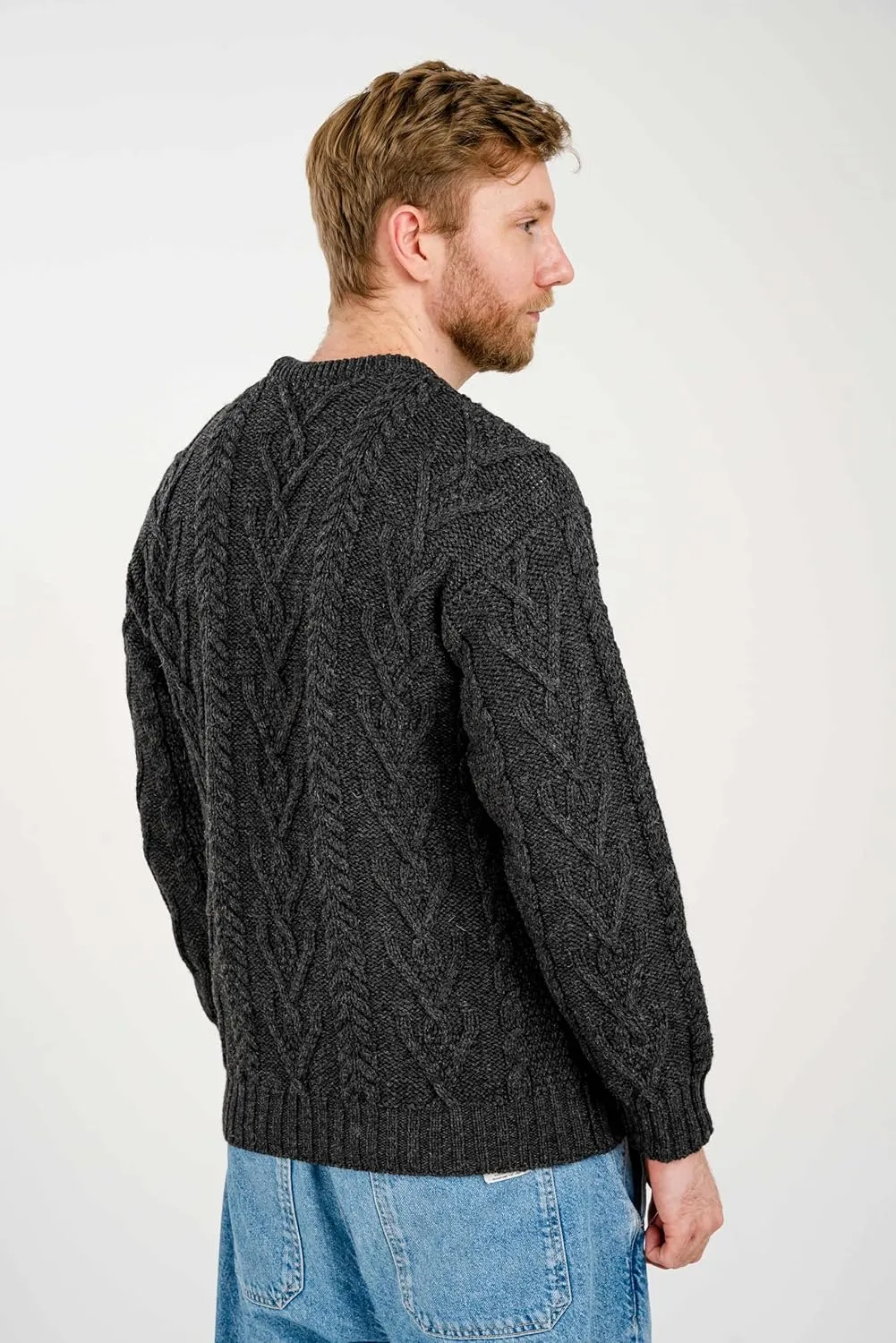 SAOL 100% Merino Wool Men's Irish Traditional Aran Crew Neck Cable Knit Sweater Pullover
