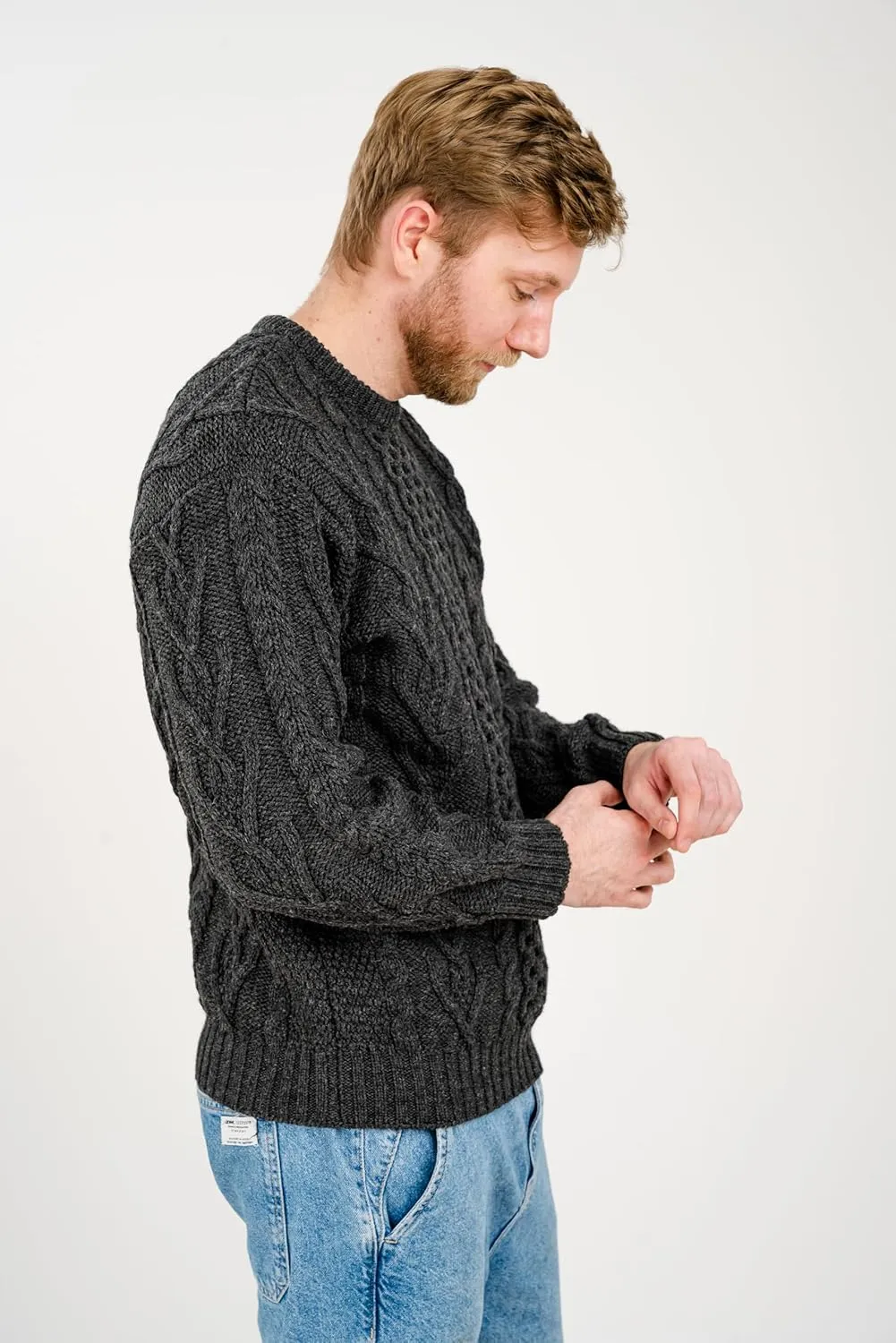 SAOL 100% Merino Wool Men's Irish Traditional Aran Crew Neck Cable Knit Sweater Pullover