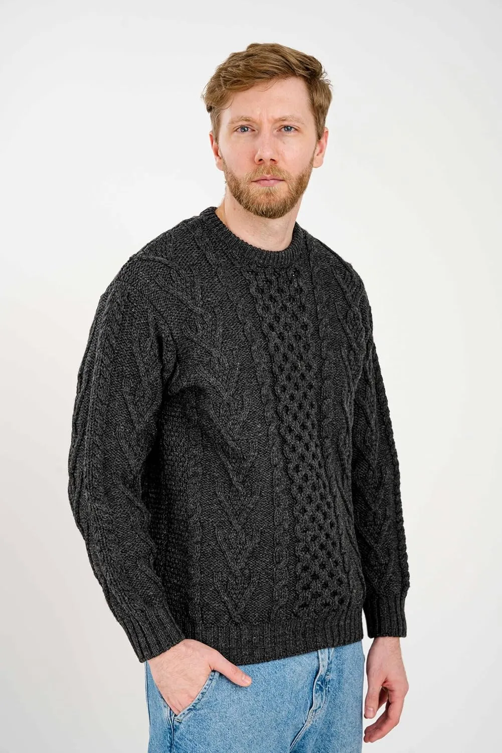 SAOL 100% Merino Wool Men's Irish Traditional Aran Crew Neck Cable Knit Sweater Pullover