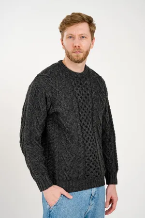 SAOL 100% Merino Wool Men's Irish Traditional Aran Crew Neck Cable Knit Sweater Pullover