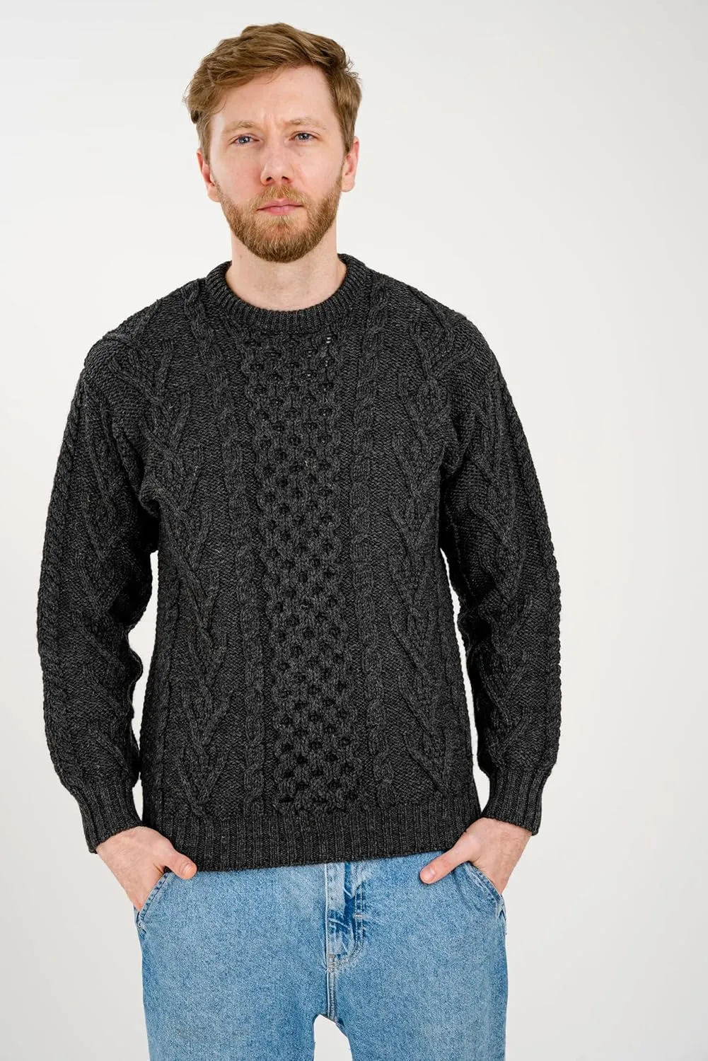 SAOL 100% Merino Wool Men's Irish Traditional Aran Crew Neck Cable Knit Sweater Pullover
