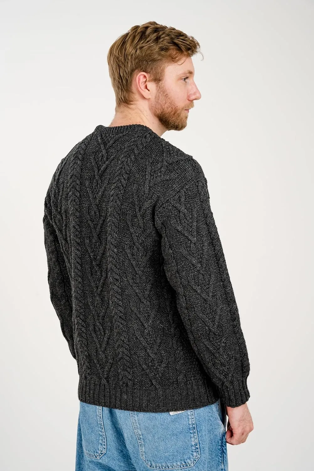 SAOL 100% Merino Wool Men's Irish Traditional Aran Crew Neck Cable Knit Sweater Pullover