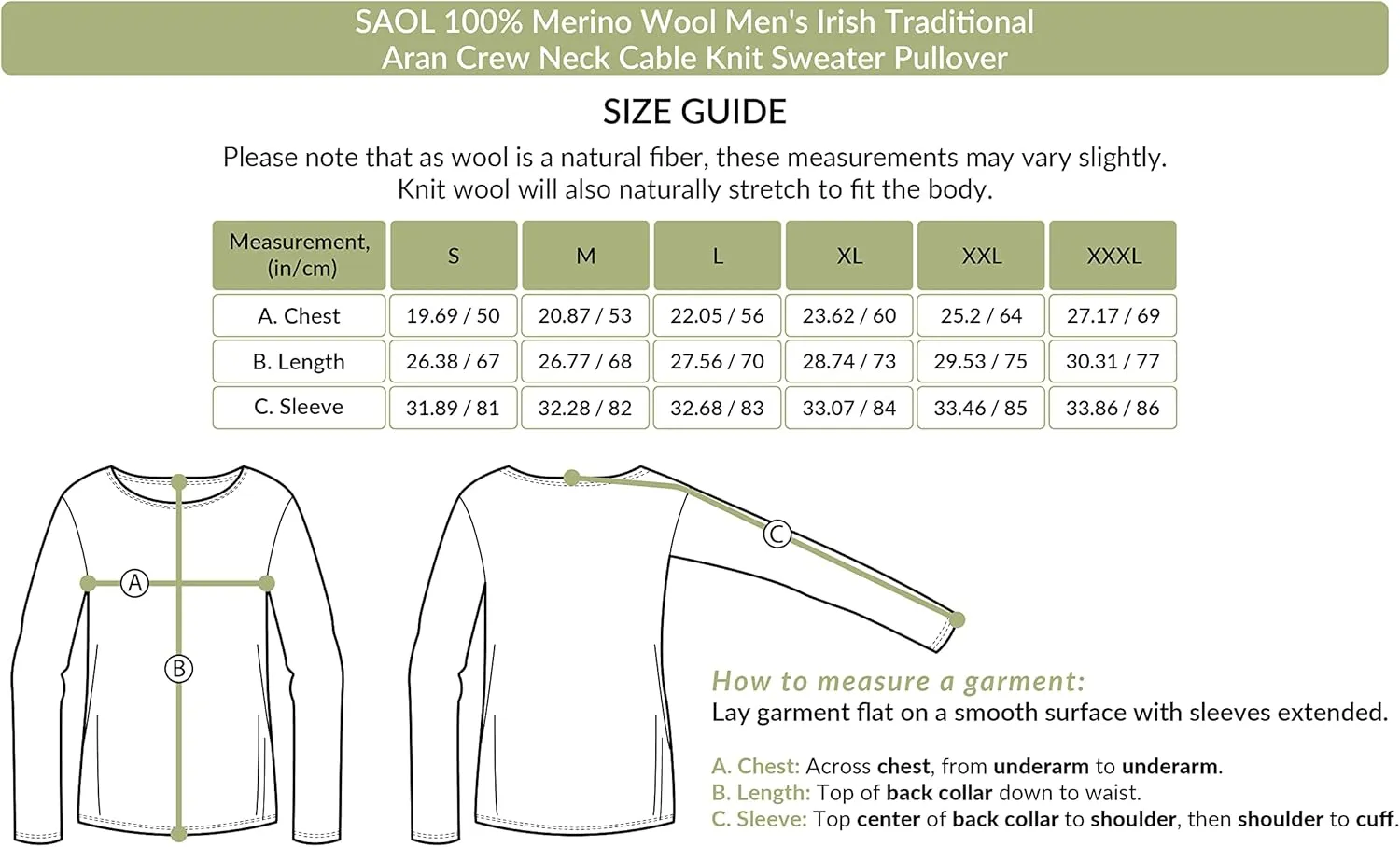 SAOL 100% Merino Wool Men's Irish Traditional Aran Crew Neck Cable Knit Sweater Pullover