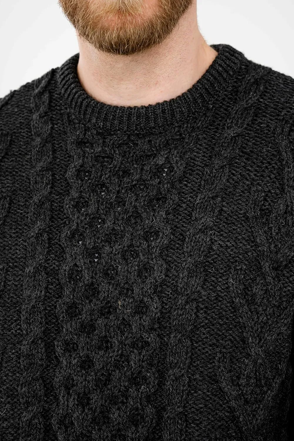 SAOL 100% Merino Wool Men's Irish Traditional Aran Crew Neck Cable Knit Sweater Pullover