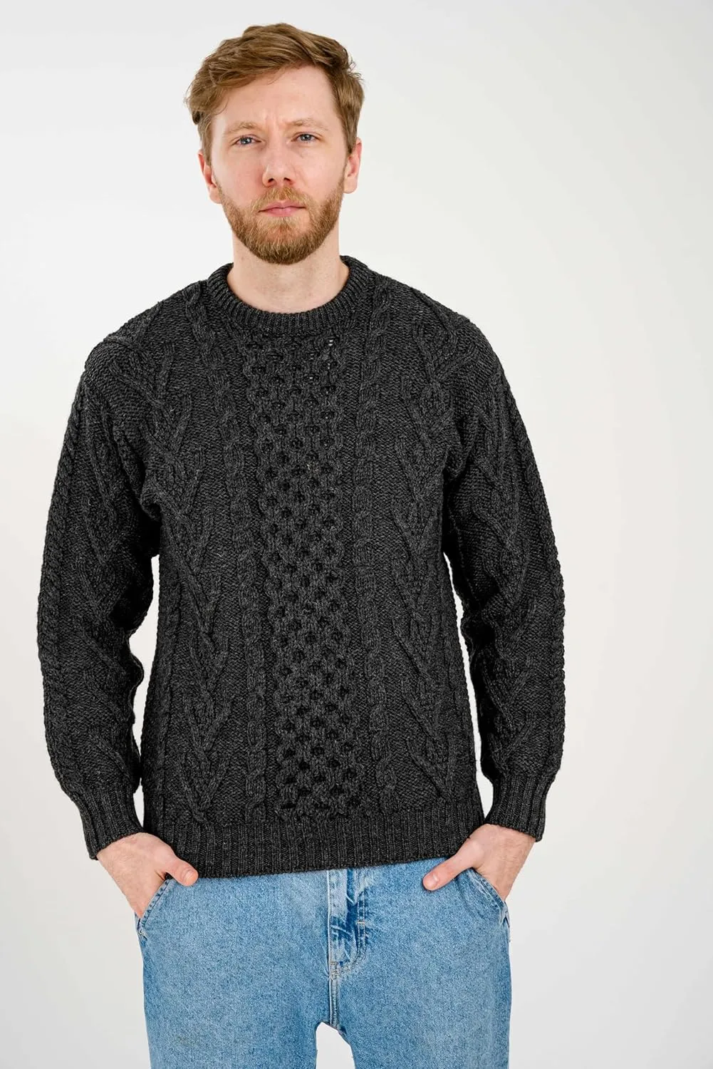 SAOL 100% Merino Wool Men's Irish Traditional Aran Crew Neck Cable Knit Sweater Pullover