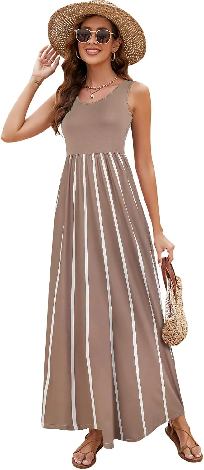Sherosa Women Boho Chevron Striped Floral Printed Summer Sleeveless Tank Long Maxi Party Dress