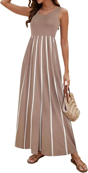 Sherosa Women Boho Chevron Striped Floral Printed Summer Sleeveless Tank Long Maxi Party Dress