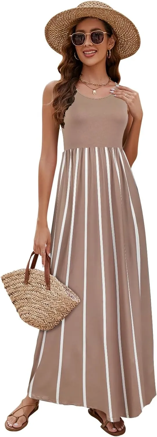 Sherosa Women Boho Chevron Striped Floral Printed Summer Sleeveless Tank Long Maxi Party Dress