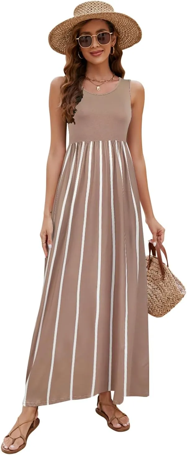 Sherosa Women Boho Chevron Striped Floral Printed Summer Sleeveless Tank Long Maxi Party Dress
