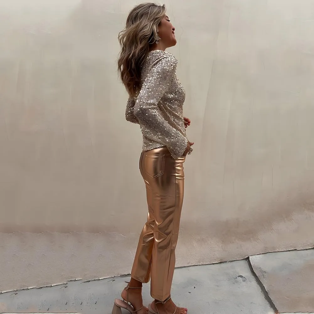 Shiny Metallic Women's Holographic Glitter Rave Dance Cropped Pants