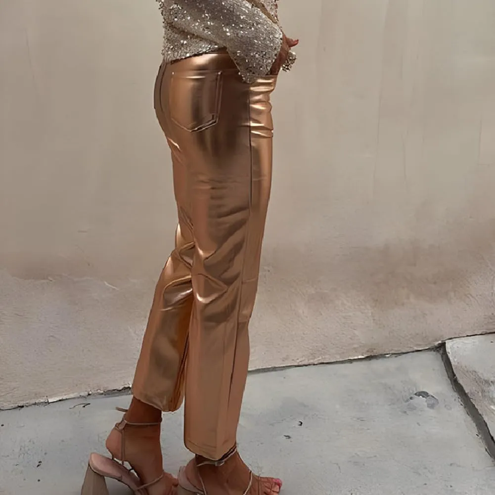 Shiny Metallic Women's Holographic Glitter Rave Dance Cropped Pants