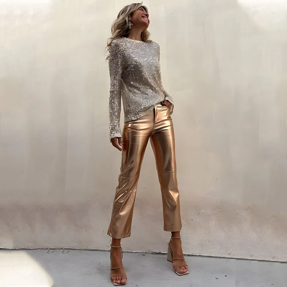 Shiny Metallic Women's Holographic Glitter Rave Dance Cropped Pants
