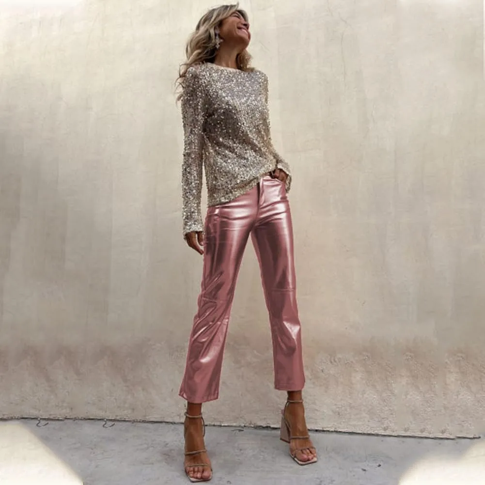 Shiny Metallic Women's Holographic Glitter Rave Dance Cropped Pants