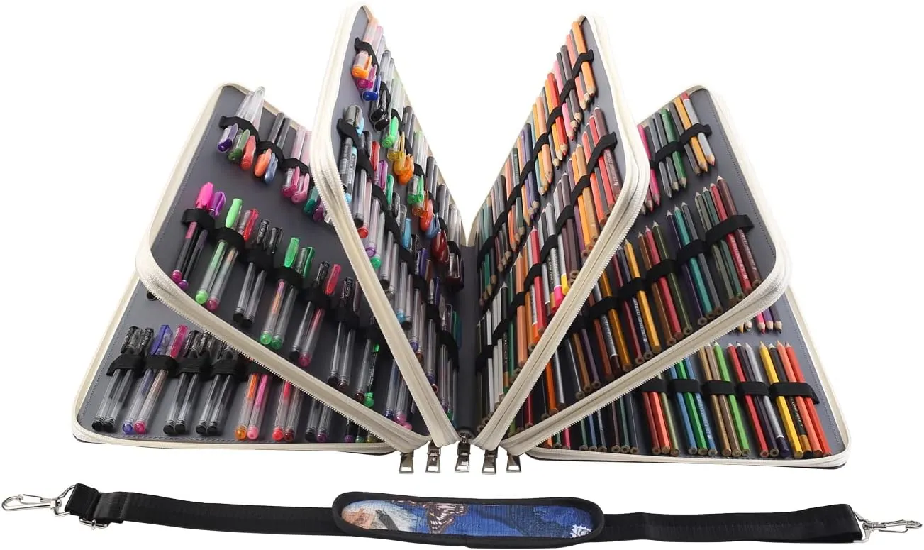 Shulaner Pencil Case Slot Holds 500 Colored Pencils or 340 Color Gel Pens with Zipper Closure Large Capacity Retro Style Element Pattern Pen Organizer Bag with Shoulder Strap (Dark Blue)