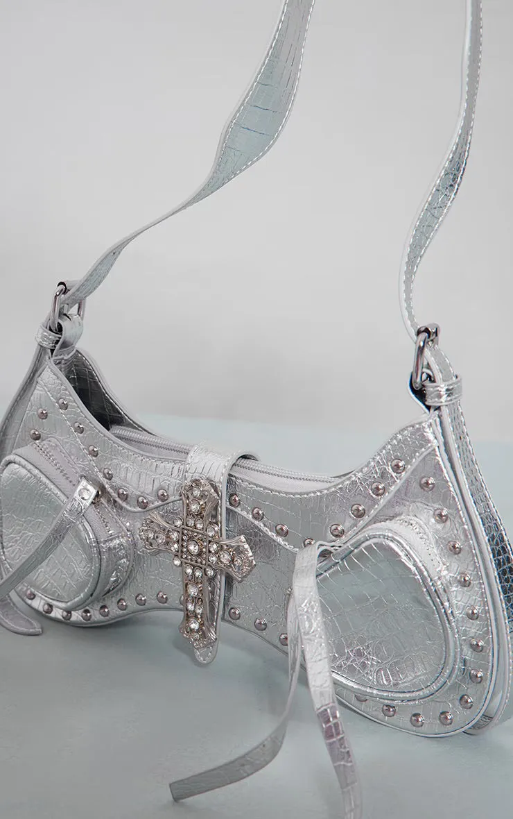 Silver Croc Diamante Cross Western Shoulder Bag