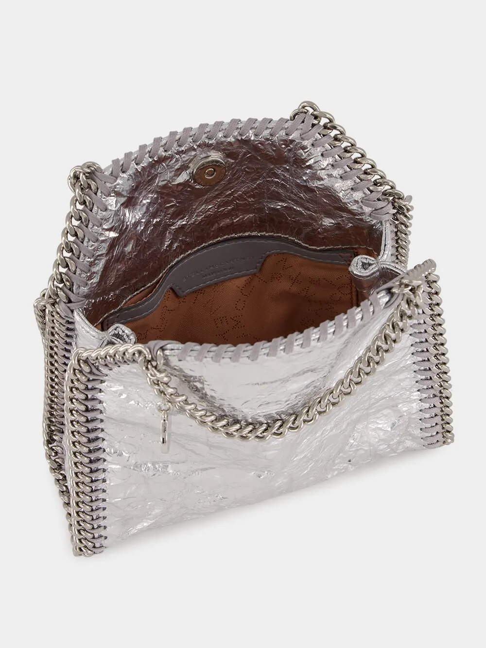 Silver Falabella Tiny Cracked Metallic Tote Bag