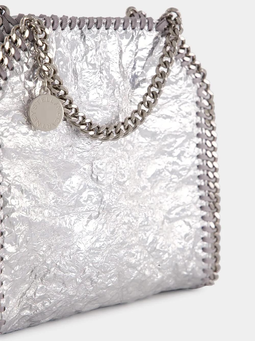 Silver Falabella Tiny Cracked Metallic Tote Bag