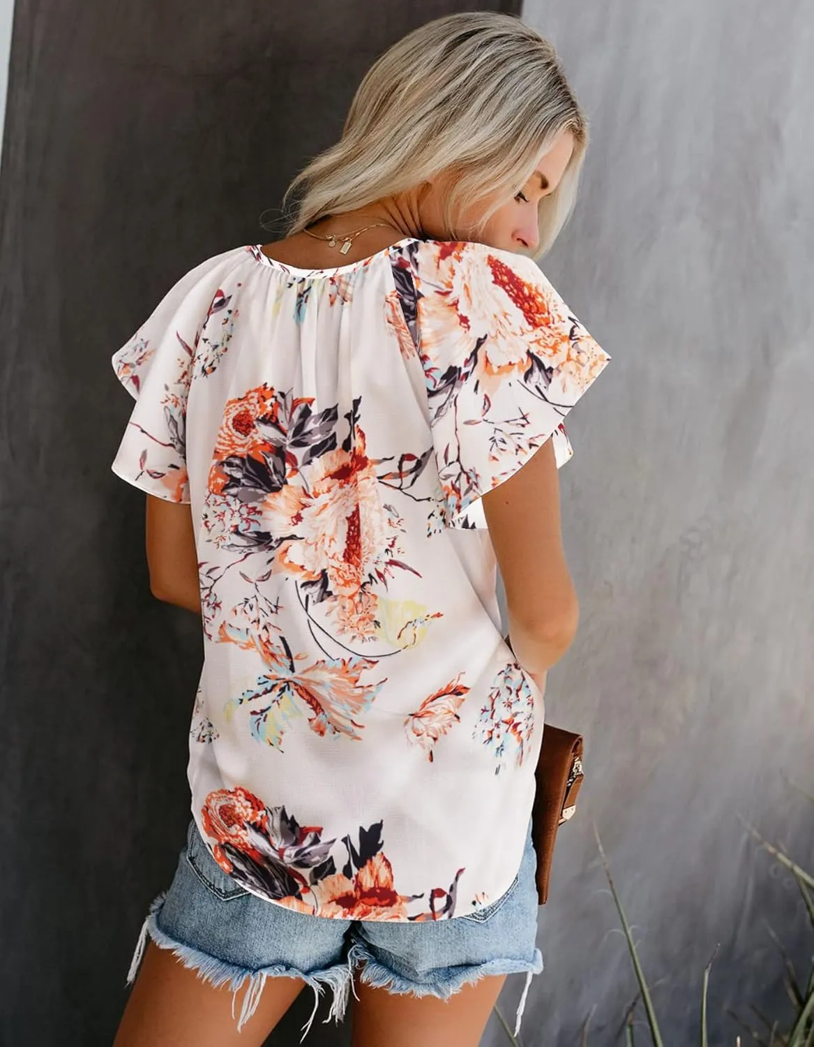 SimpleFun Women's Boho Tops Floral V Neck Short Sleeve Summer Blouse Shirts