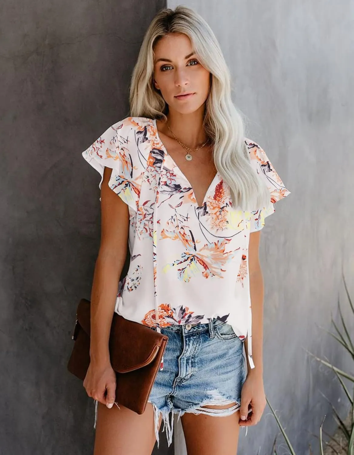 SimpleFun Women's Boho Tops Floral V Neck Short Sleeve Summer Blouse Shirts